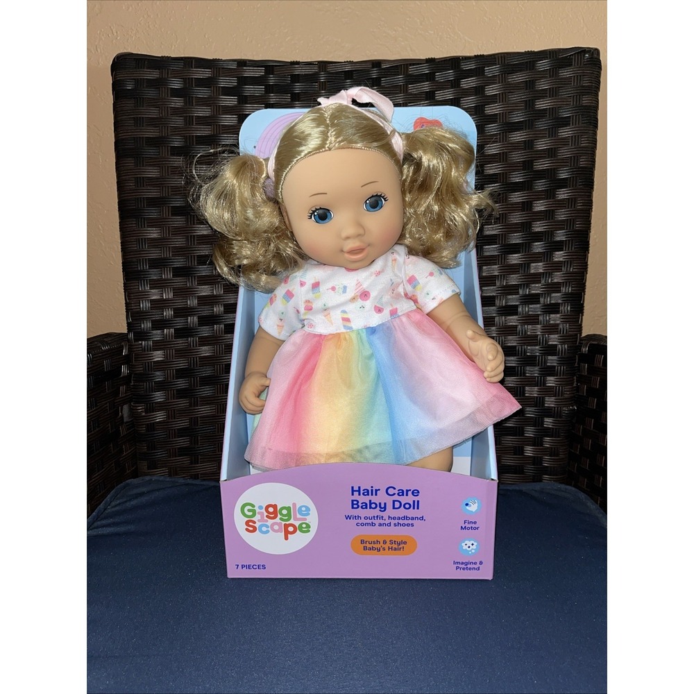 New 14" Baby Girl Doll Blond Hair Blue Eyes Gigglescape 7 Pieces Comb Shoes